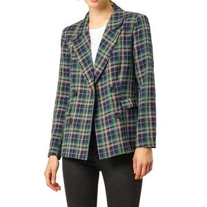 Green and Blue Notched Lapel Double Breasted Plaid Blazer Size M